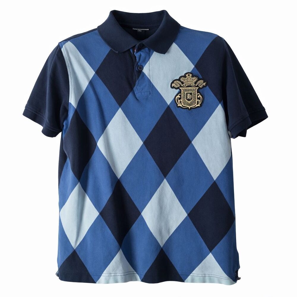 Tommy Hilfiger Men's Trim Fit Argyle Polo Shirt Navy Blue Geometric Large